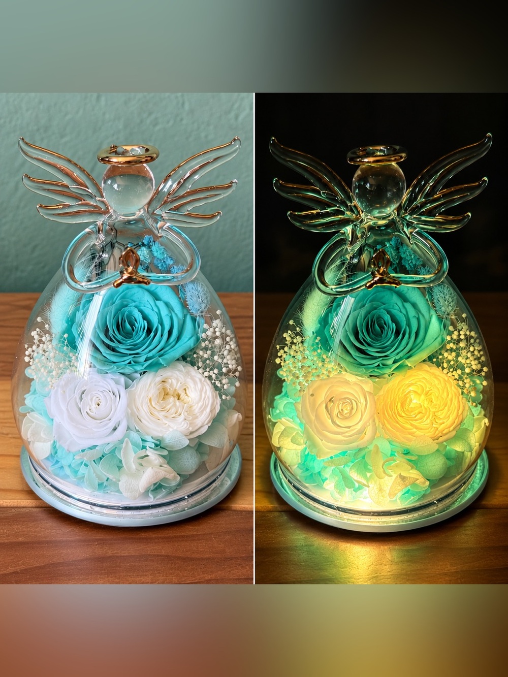Glass Angel Preserved Rose Flower Dome LED Light Decor 5.5” Gift